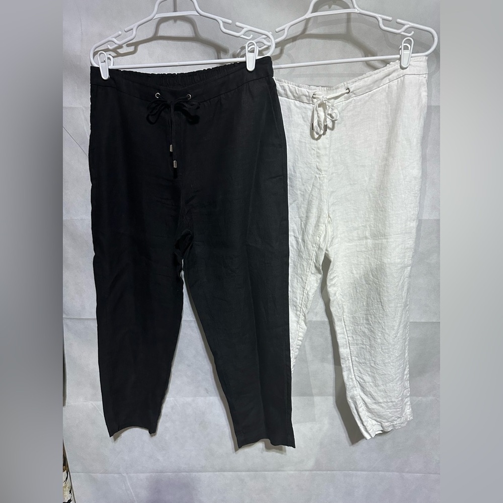 Chicos LOT of 2 Wide Leg 100% Linen Crop Pants Elastic Waist Black White 1.5 R